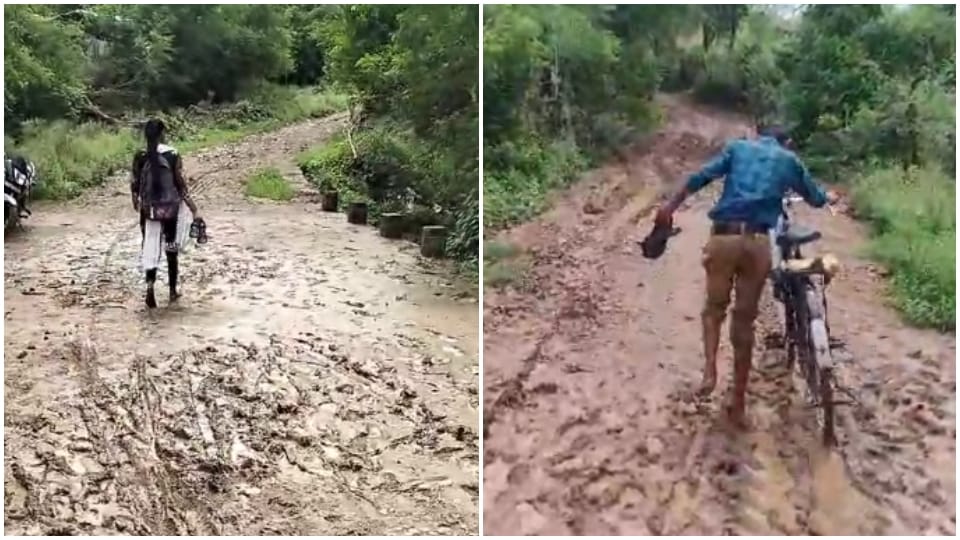 इस तरह कीचड़ भरे रास्ते से गुजरते हैं बच्चे।