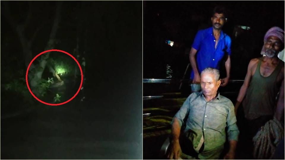 a middle aged man sitting on a tree for two hours in strong flow of water villagers rescued him In Lakhimpur K