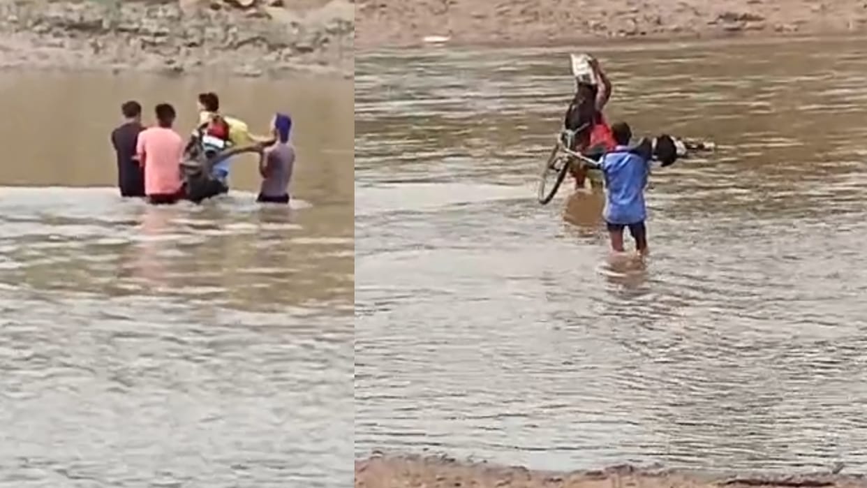 Cycle and Motorcycle On Sholders To Cross Mahanadi In Katni District