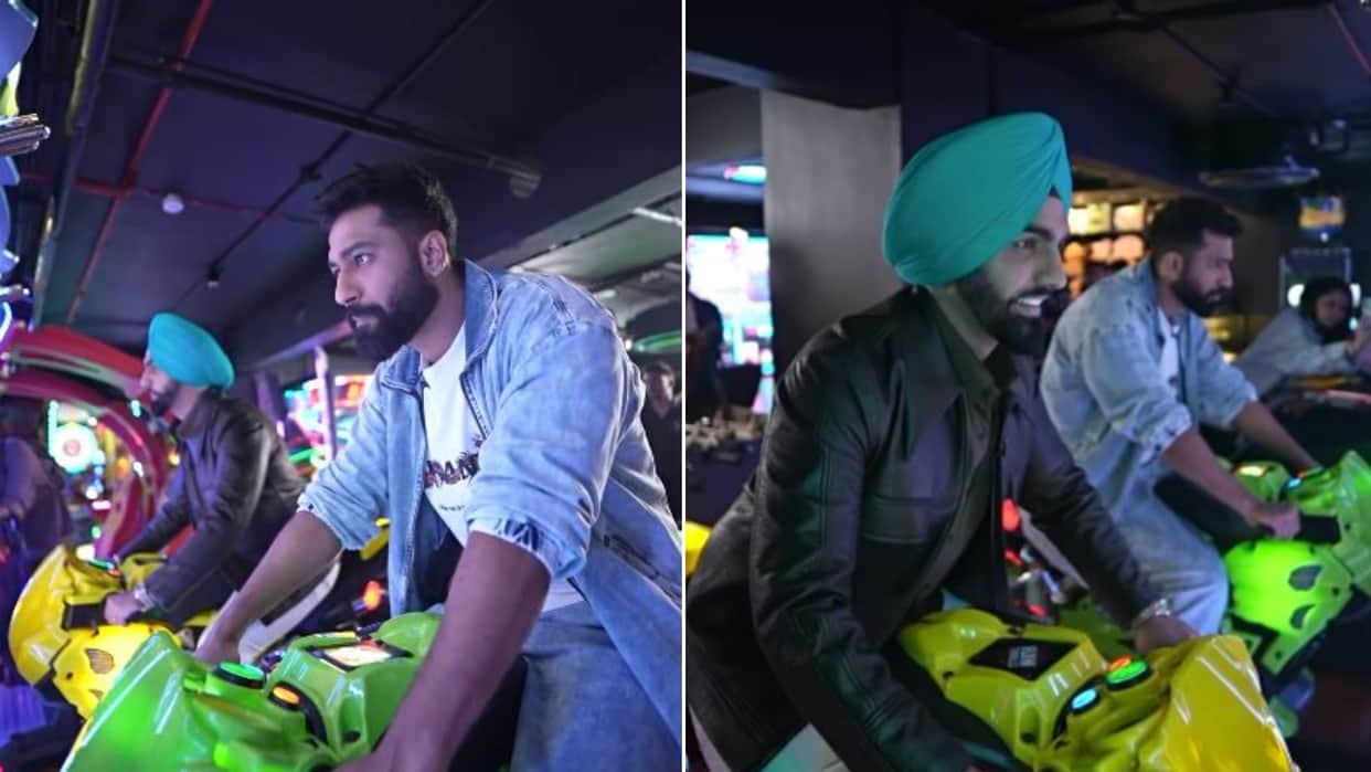 Bad Newz starrer Vicky Kaushal Ammy Virk Enjoy Bike Racing While Promoting film Tripti dimri hot song janam