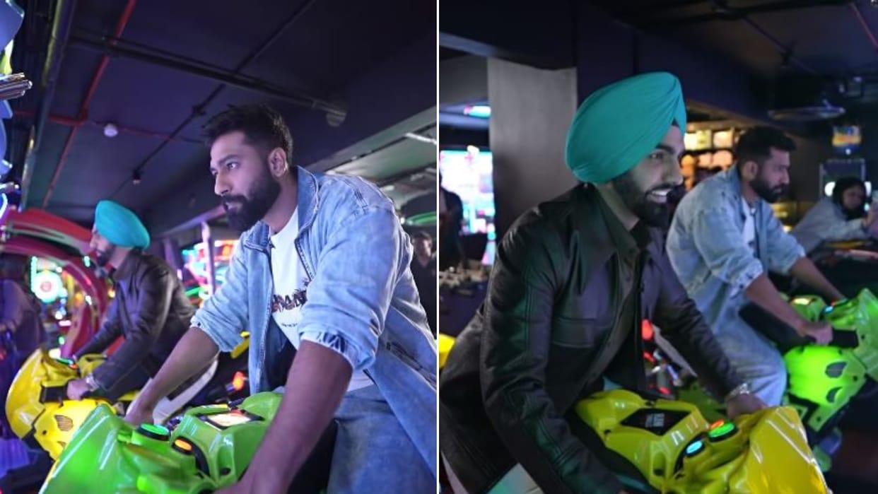 Bad Newz starrer Vicky Kaushal Ammy Virk Enjoy Bike Racing While Promoting film Tripti dimri hot song janam