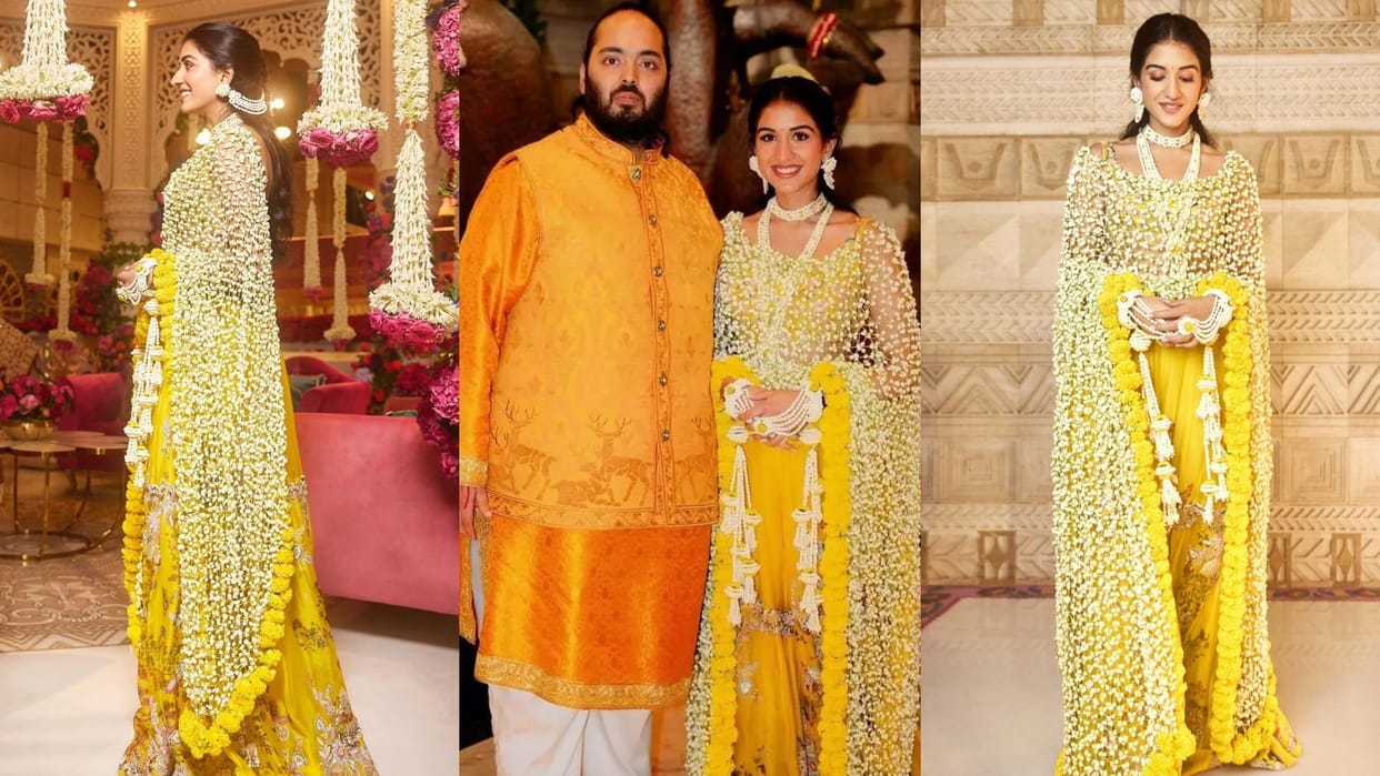 Anant Radhika Wedding Radhika Merchant wore floral duptta in haldi ceremony all detail