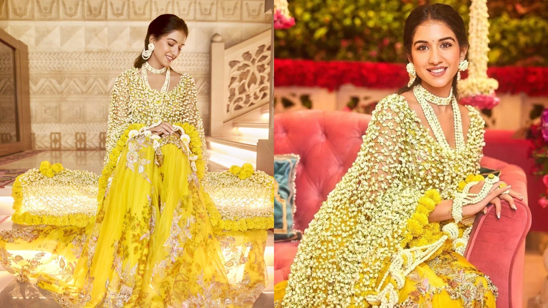 Anant Radhika Wedding Radhika Merchant wore floral duptta in haldi ceremony all detail