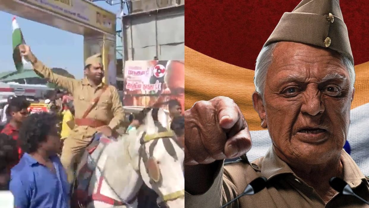 Indian 2 buzz in South India, Kamal Haasan fan arrives at theater on a horse dressed as Senapathi