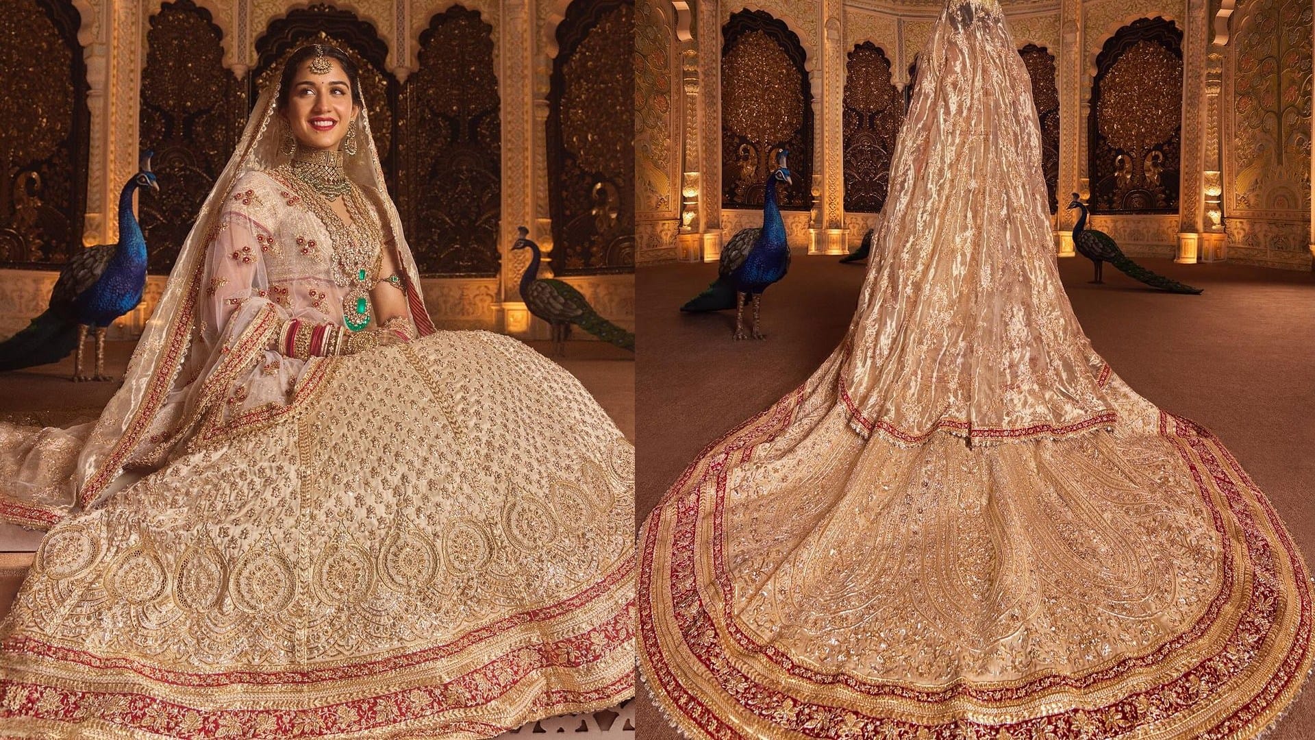 anant ambani radhika merchant wedding looks bridal all outfit details cost designer Abu Jani Sandeep Khosla