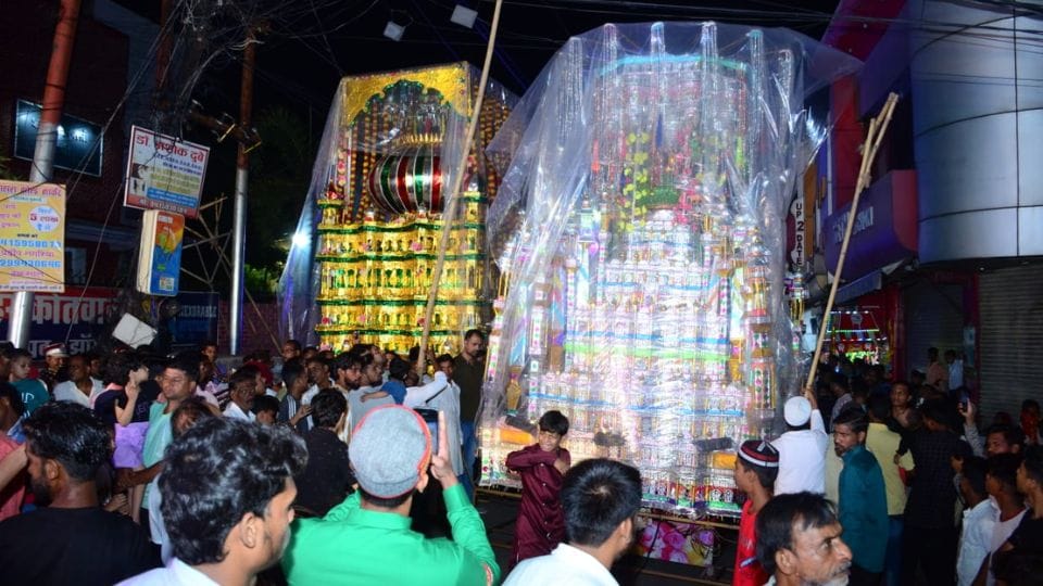 Tajis taken to Imambaras for Ziyarat along with the mourning procession on occasion of Muharram In Jhansi