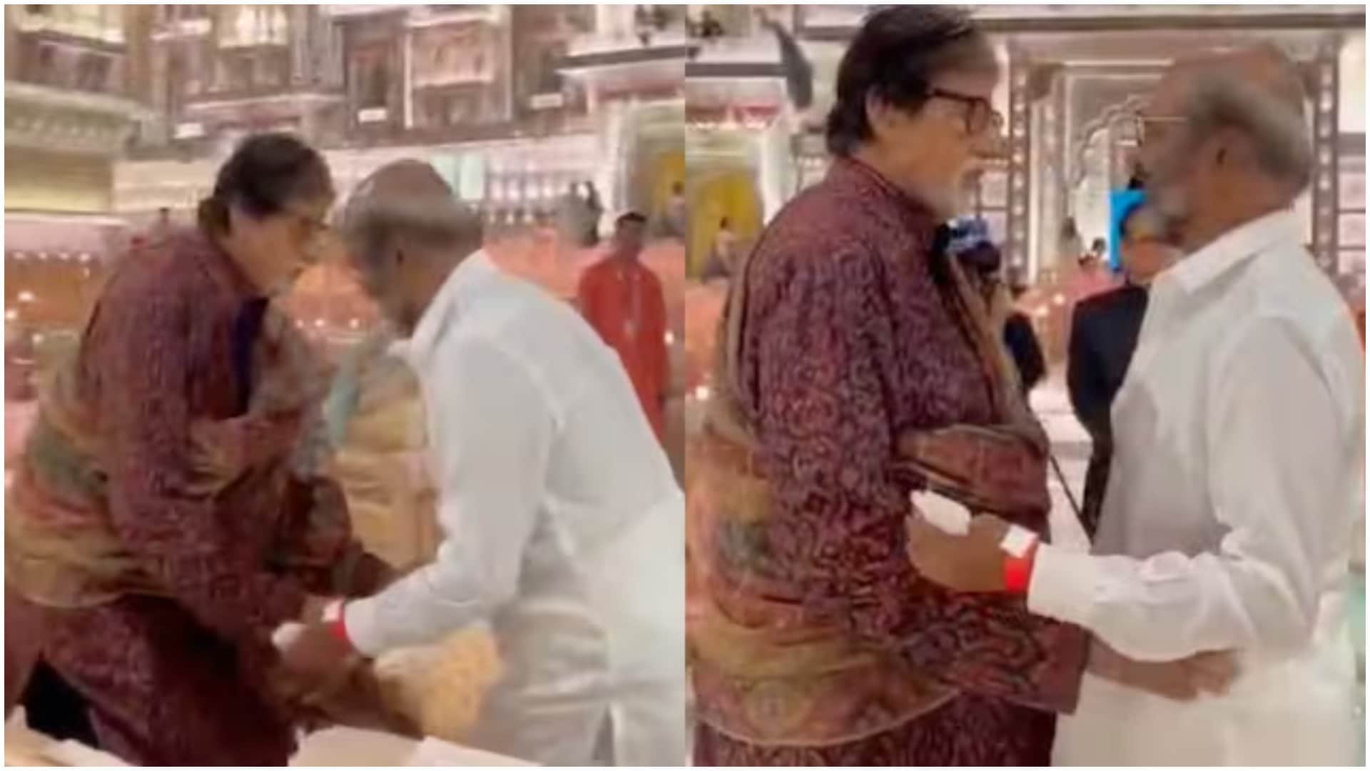 Rajinikanth Touches Amitabh Bachchan Feet At Anant Ambani and Radhika Merchant Shubh Aashirwad ceremony