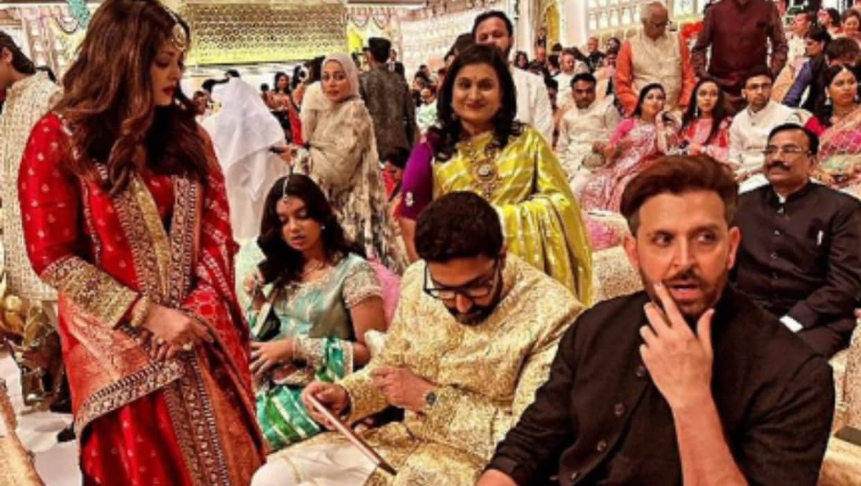 Aishwarya Rai Bachchan and Abhishek Bachchan seen laughing with Hrithik Roshan at Anant Radhika wedding