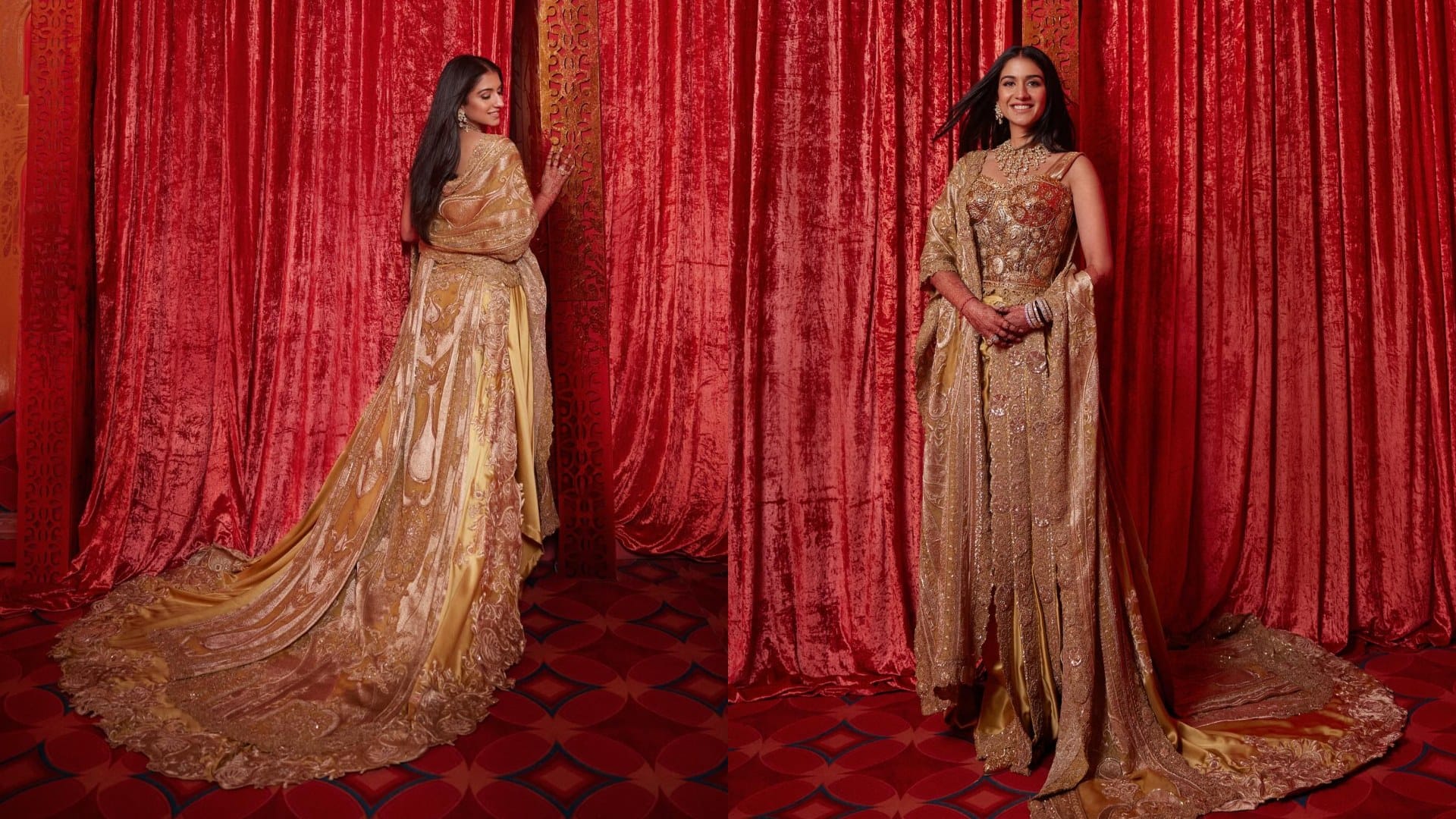Radhika Merchant golden outfit look in mangal utsav radhika merchant wedding reception gold outfit