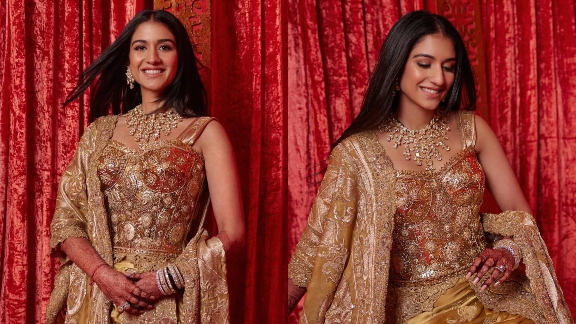Radhika Merchant golden outfit look in mangal utsav radhika merchant wedding reception gold outfit