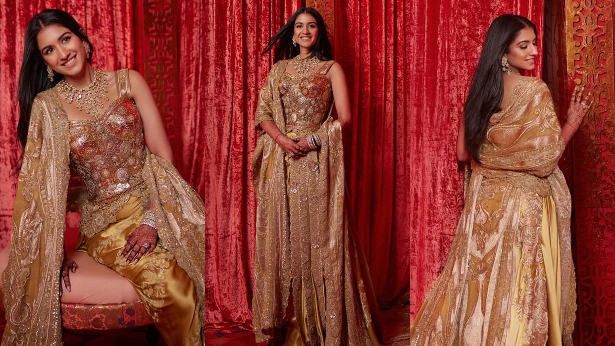 Radhika Merchant golden outfit look in mangal utsav radhika merchant wedding reception gold outfit