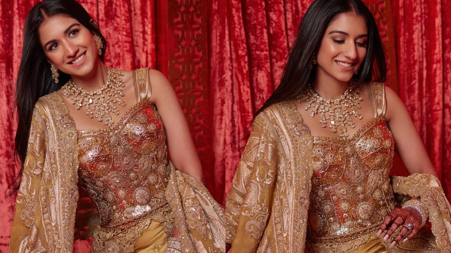 Radhika Merchant golden outfit look in mangal utsav radhika merchant wedding reception gold outfit