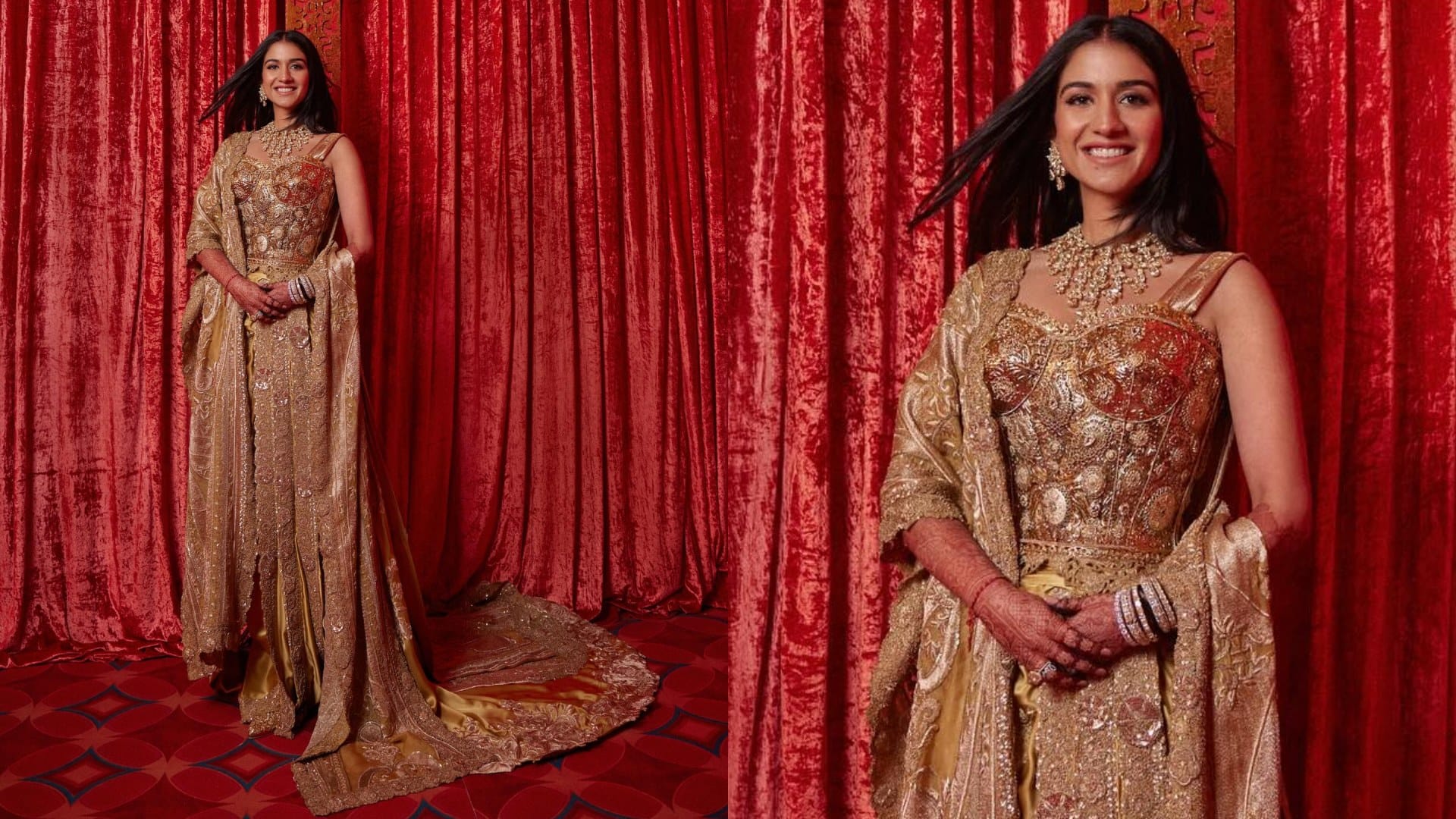 Radhika Merchant golden outfit look in mangal utsav radhika merchant wedding reception gold outfit