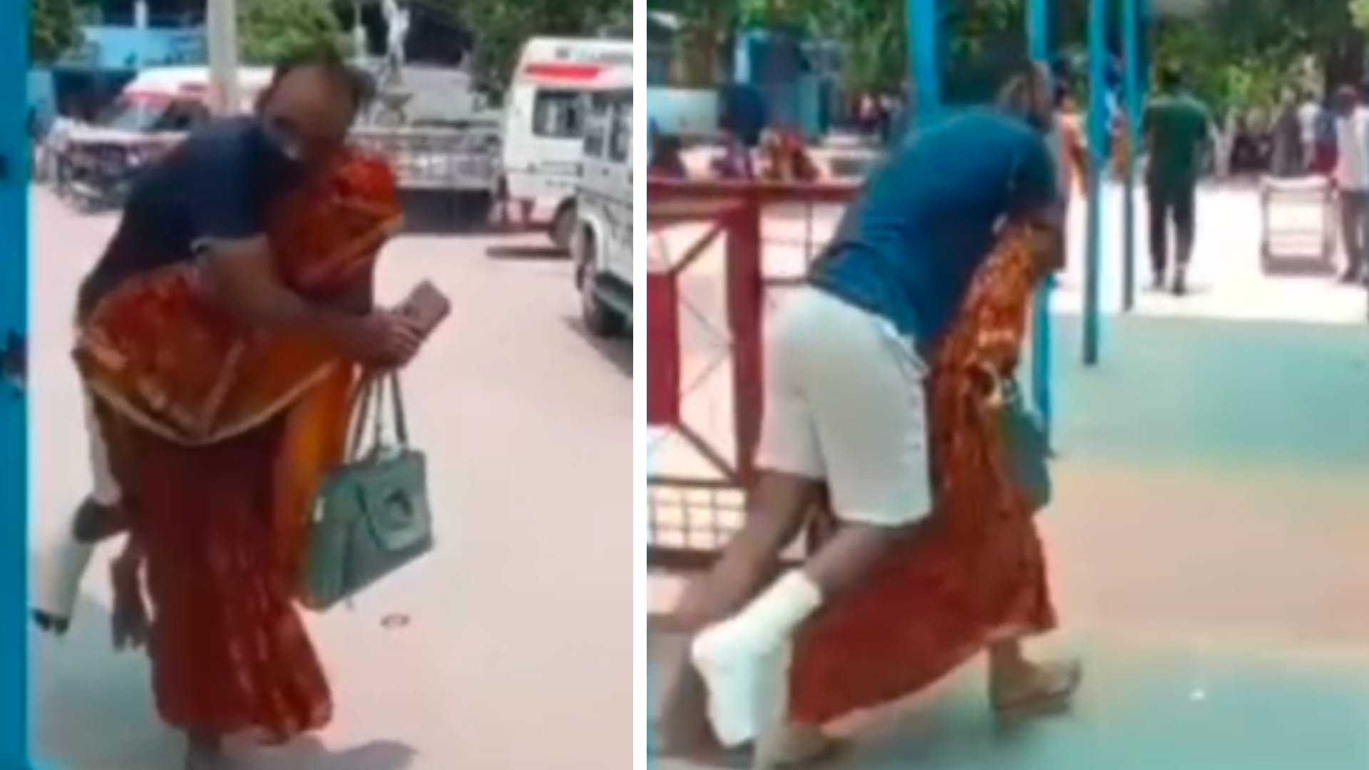 स्ट्रेचर नहीं मिला को पति को पीठ पर लादकर ले गई महिला