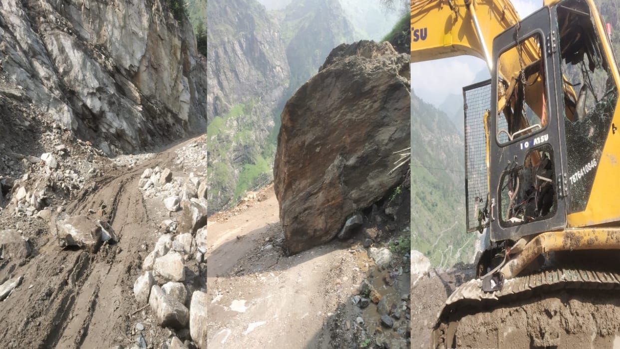 landslide again in Nigulsari Kinnaur , one person injured, JCB machine damaged