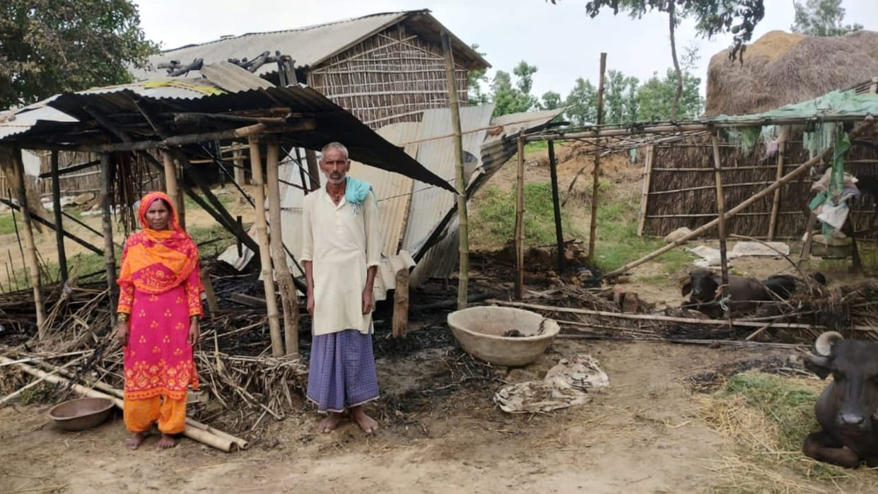 In Nichlaul of Maharajganj, a person's hut was set on fire after petrol was sprinkled on it