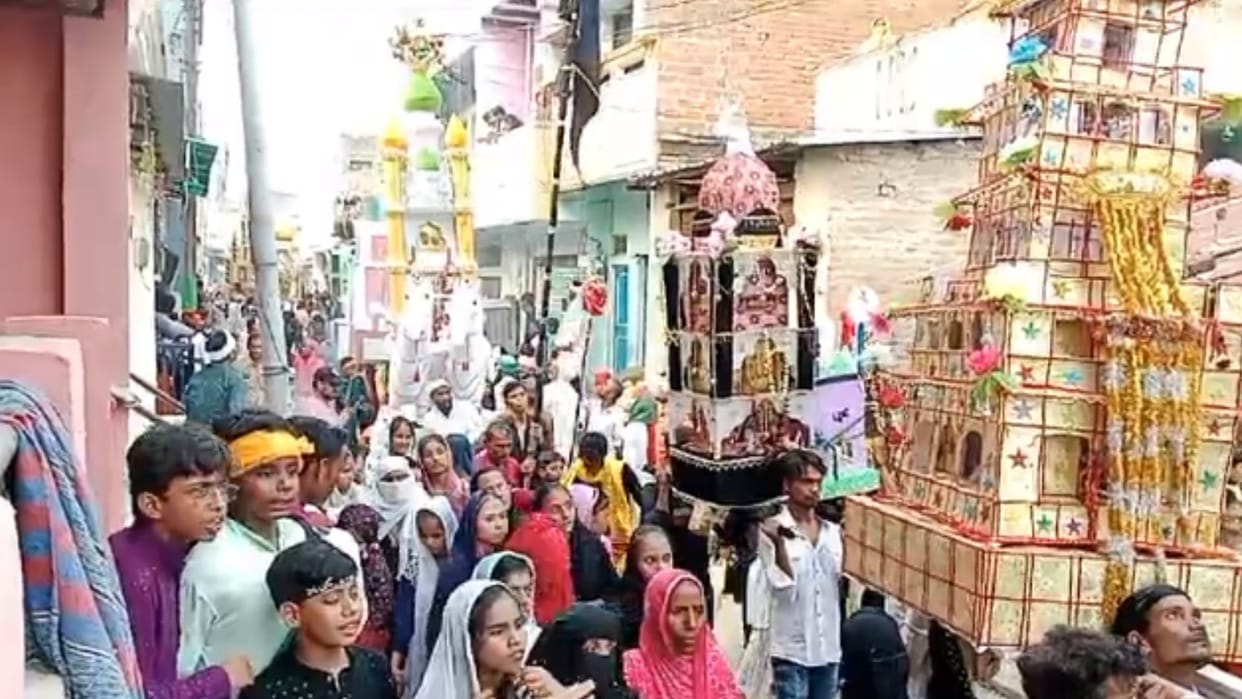 Moharram Tajias made of aluminium pebbles wheat bamboo paper and glass youth showed their skills mourning