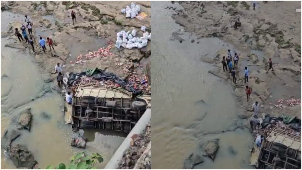 A truck full of English liquor fell down the river