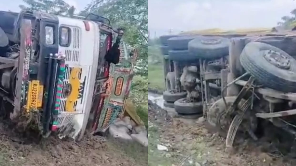 Sirohi News truck loaded with cement overturned uncontrollably on Sarupganj-Palanpur highway driver injured