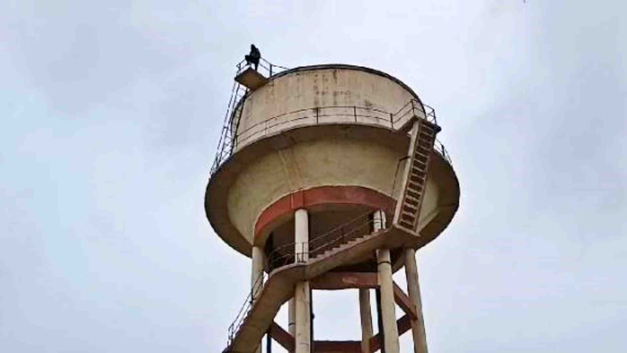 Youth climbs water tank Claims police and revenue department officials harassing him alleges collusion