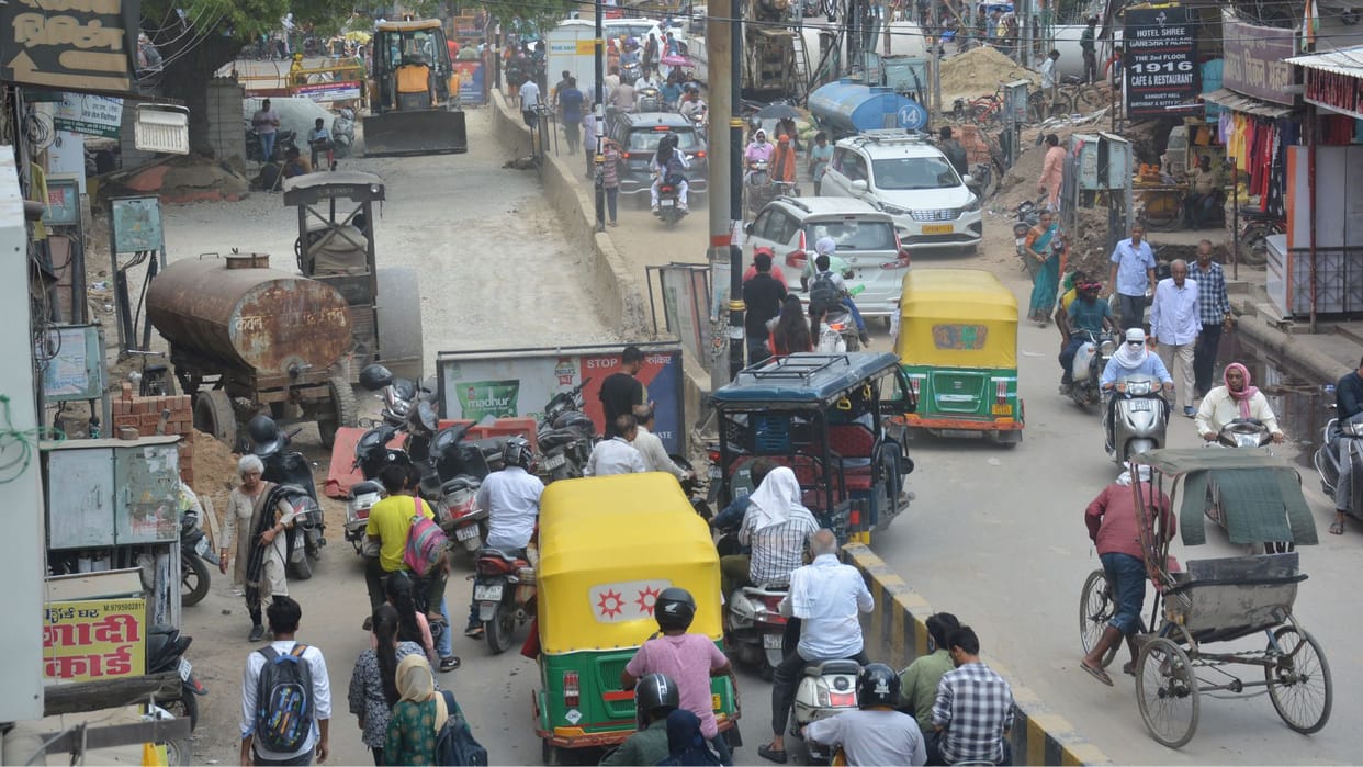 Excavation at Church Square before Sawan Kanwadiyas route affected People passing through one lane