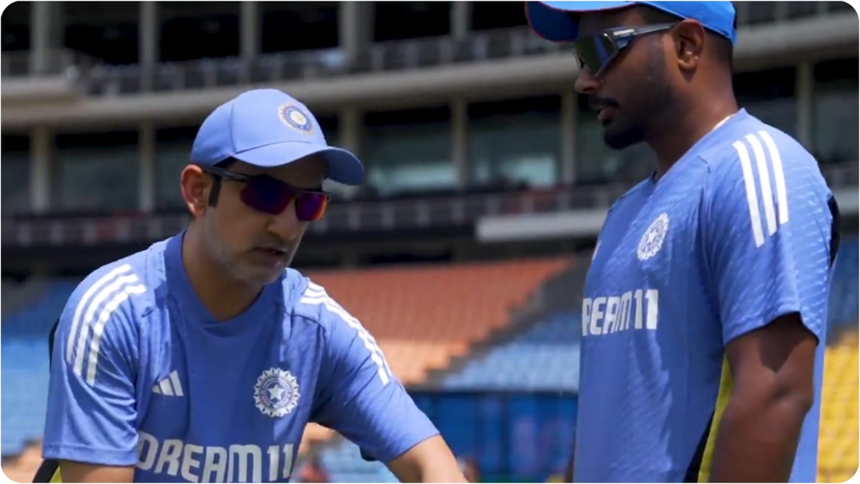 head coach Gautam Gambhir give batting tips to sanju samson in Training season ahead of Sri lanka series