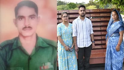 शहीद नरपाल सिंह।  दूसरी तरफ बेटा रमन सिंह अपनी बहन और मां के साथ।