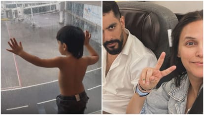 Neha Dhupia and Angad Bedi flight delay 7 hour actress shares photos from airport says The many moods
