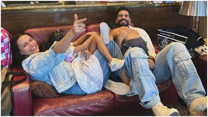 Neha Dhupia and Angad Bedi flight delay 7 hour actress shares photos from airport says The many moods