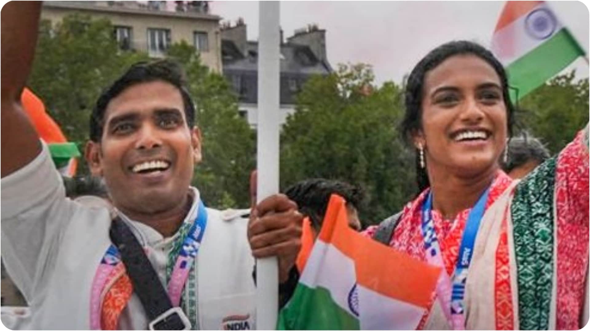 Paris Olympics Opening Ceremony 2024 Badminton Player PV Sindhu and Table Tennis Player Sharath Kamal Photos