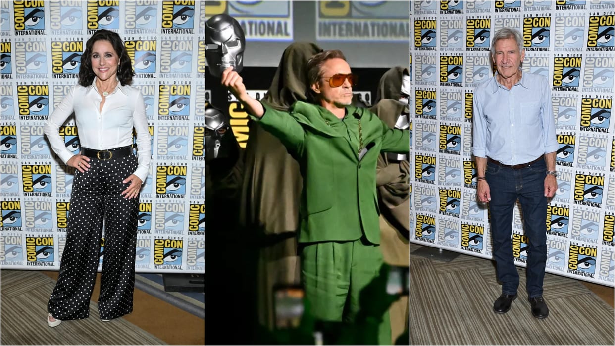 Harrison Ford Robert Downey Jr Pedro Pascal Geraldine Viswanathan at San Diego Comic-Con 2024 Marvel panel