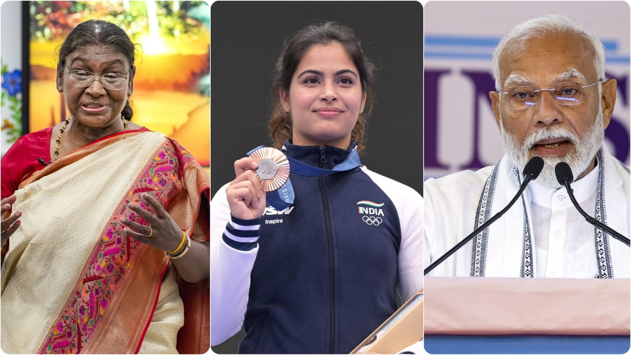 president droupadi mumu pm narendra modi abhinav bindra mansukh mandaviya praises Manu bhaker achievement