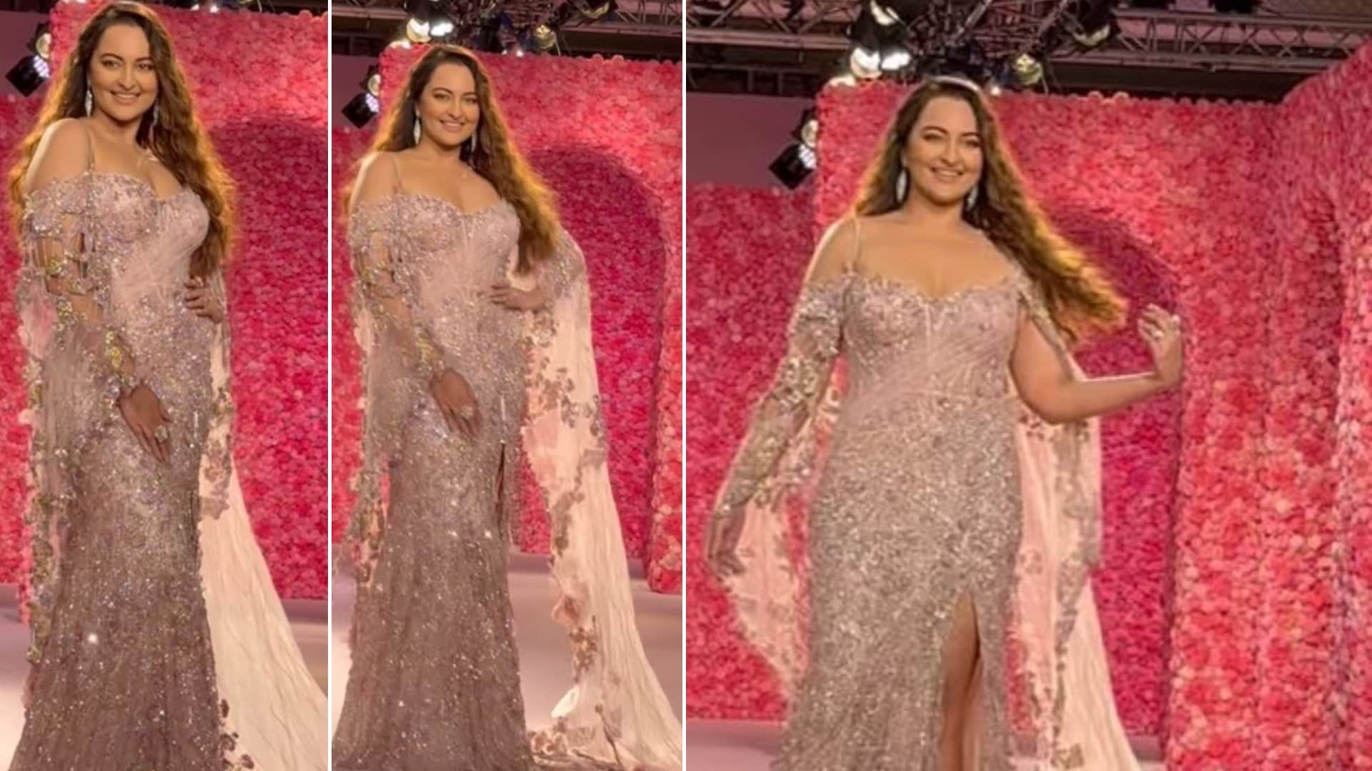 Sonakshi Sinha Walks The Ramp First Time After Wedding Zaheer Iqbal looks beautiful Thigh High Slit Gown viral