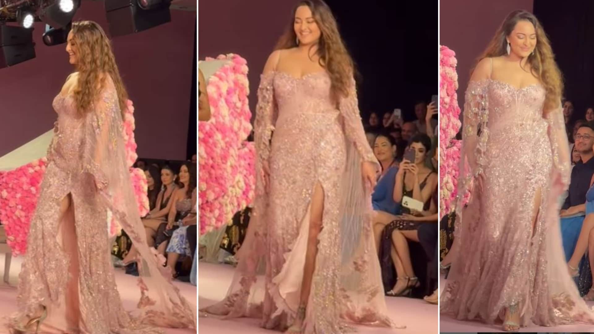 Sonakshi Sinha Walks The Ramp First Time After Wedding Zaheer Iqbal looks beautiful Thigh High Slit Gown viral