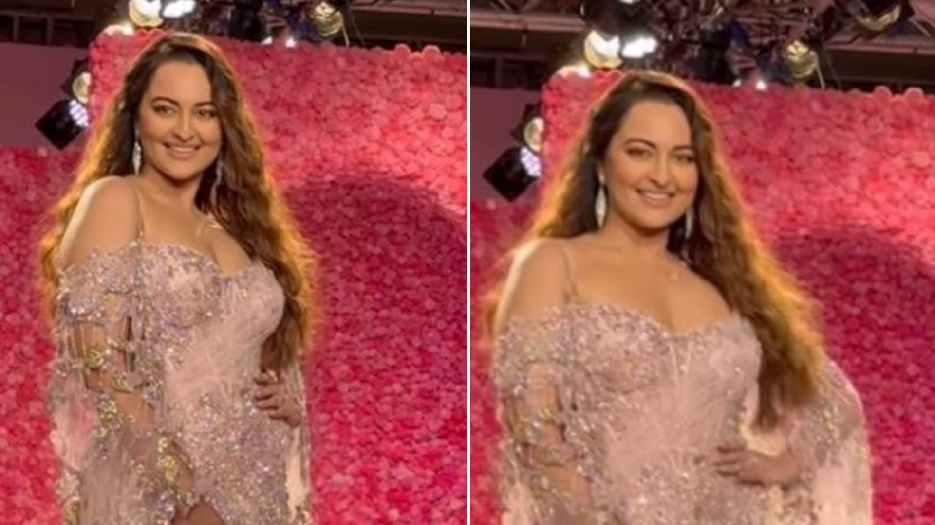 Sonakshi Sinha Walks The Ramp First Time After Wedding Zaheer Iqbal looks beautiful Thigh High Slit Gown viral