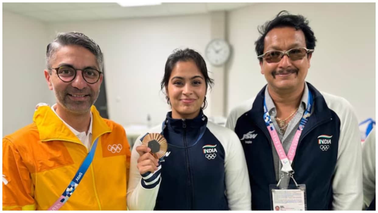Champions meet: Abhinav Bindra poses with Paris Olympics 2024 star Manu Bhaker and Coach Jaspal Rana