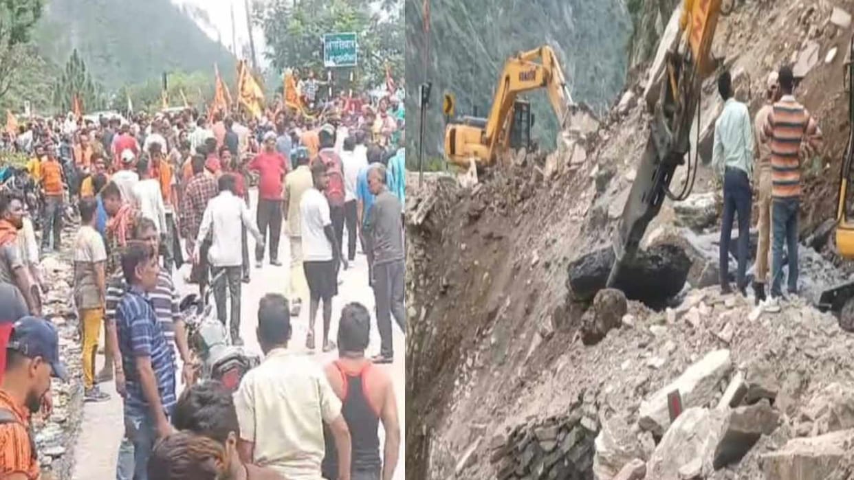 Landslide on Badrinath Highway debris and boulders near Langsi ten meters of road damaged devotees stranded