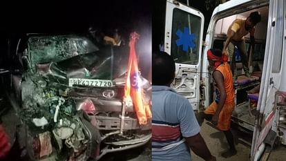 Bihar News : Bihar Police engaged after road accident between car and truck, One Kanwariya dead, many injured.