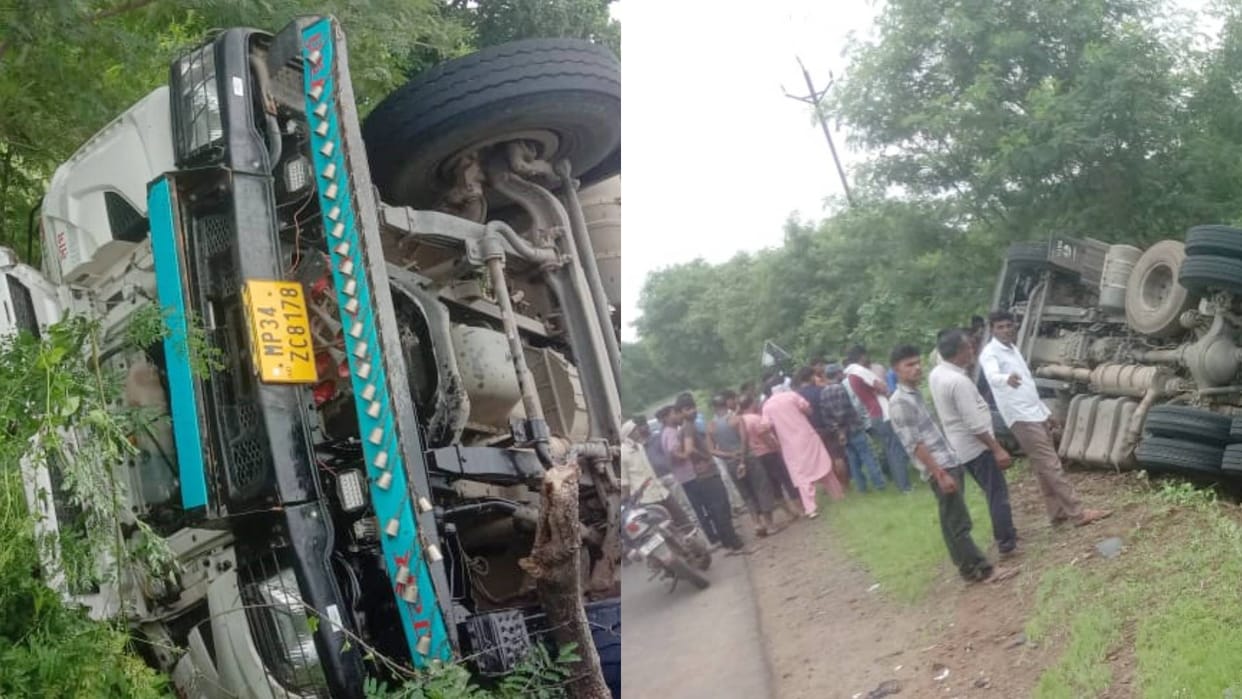 Sagar Road Accident Truck loaded with gravel falls into ditch one dead two injured