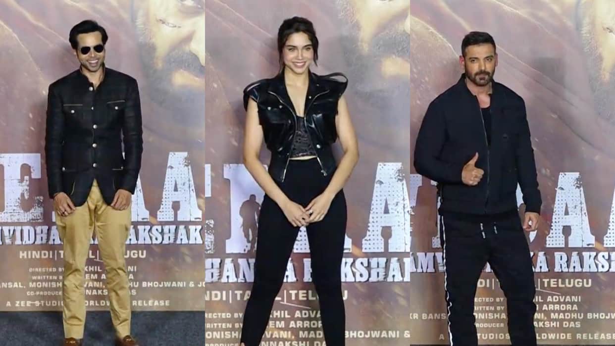 Vedaa Trailer Launch event spotted John Abraham Sharvari Abhishek Banerjee Nikhil Advani Monisha Advani