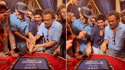 Bhool Bhulaiyaa 3 Kartik Aaryan Anees Bazmee tripti dimri Cut Cake With Crew Members during Film Wrap up