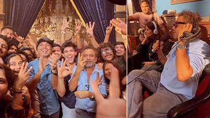 Bhool Bhulaiyaa 3 Kartik Aaryan Anees Bazmee tripti dimri Cut Cake With Crew Members during Film Wrap up