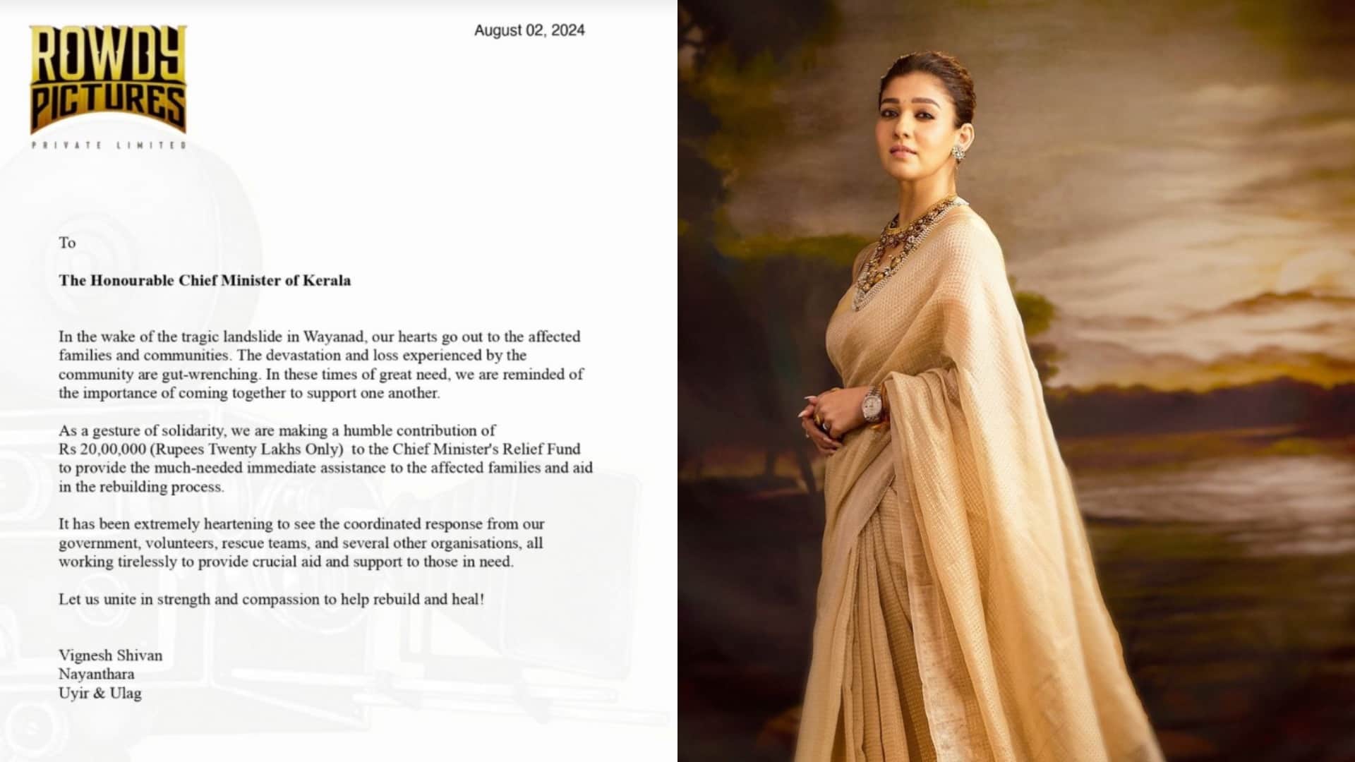 Nayanthara Vignesh Shivan expressed their solidarity with the victims of Wayanad landslides donated 20 lakh
