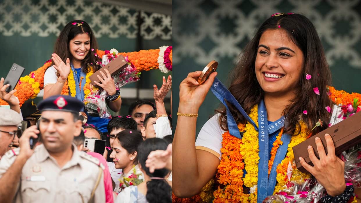 Paris Olympics 2024 Double Bronze Medalist Manu Bhaker in India Welcome Photos Videos News in Hindi