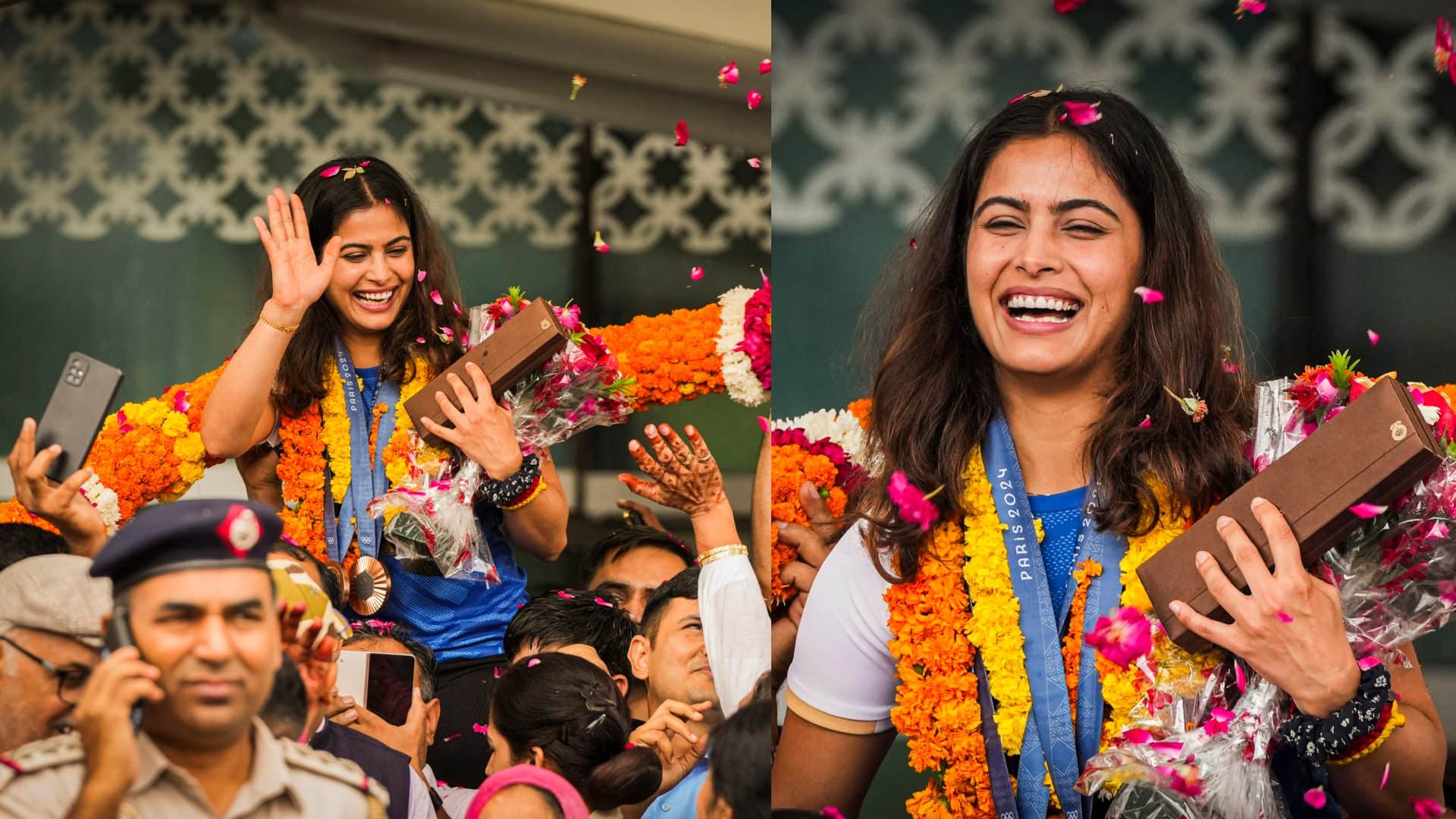 Paris Olympics 2024 Double Bronze Medalist Manu Bhaker in India Welcome Photos Videos News in Hindi