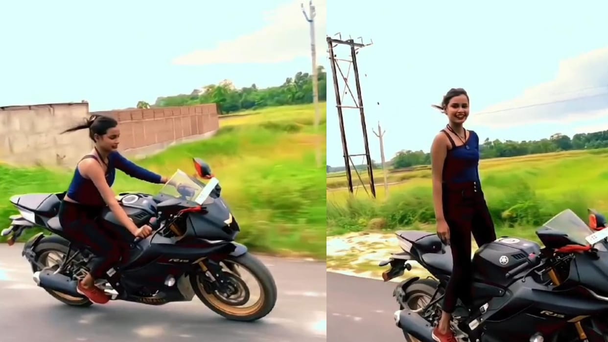 Young Woman Performs Stunt on Sports Bike on Highway Without Helmet and License in Muzaffarpur Viral Photos
