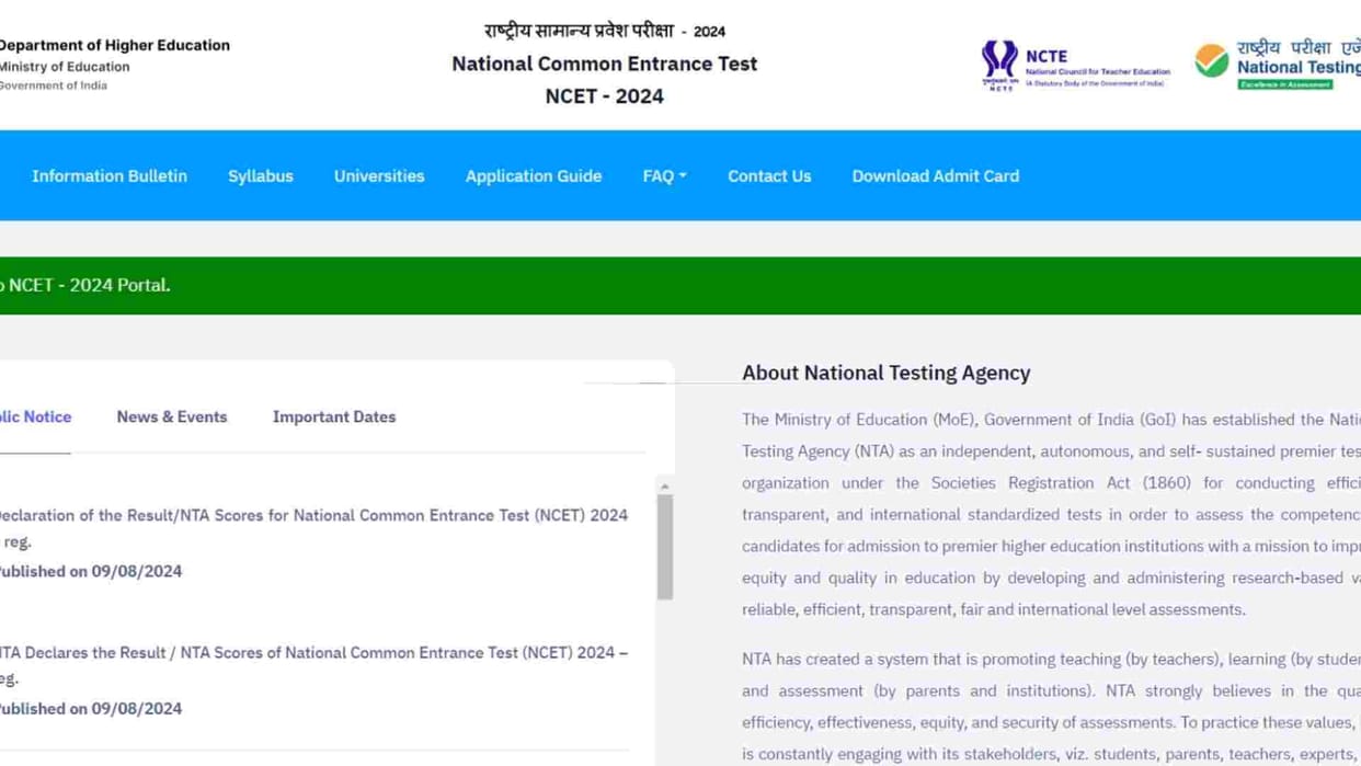 NCET 2024 Result out at ncet.smarth.ac.in.  Direct link to check