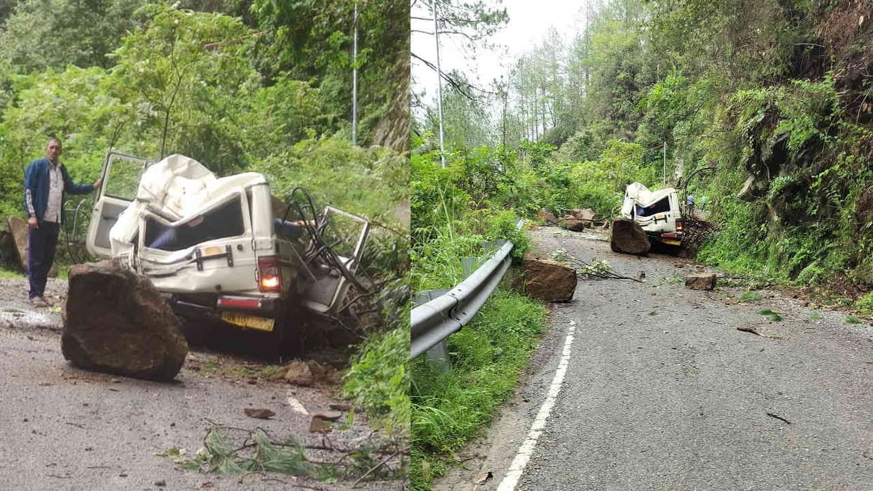 Heavy stones fell near Yamunotri Highway car damaged three people injured driver trapped inside the car