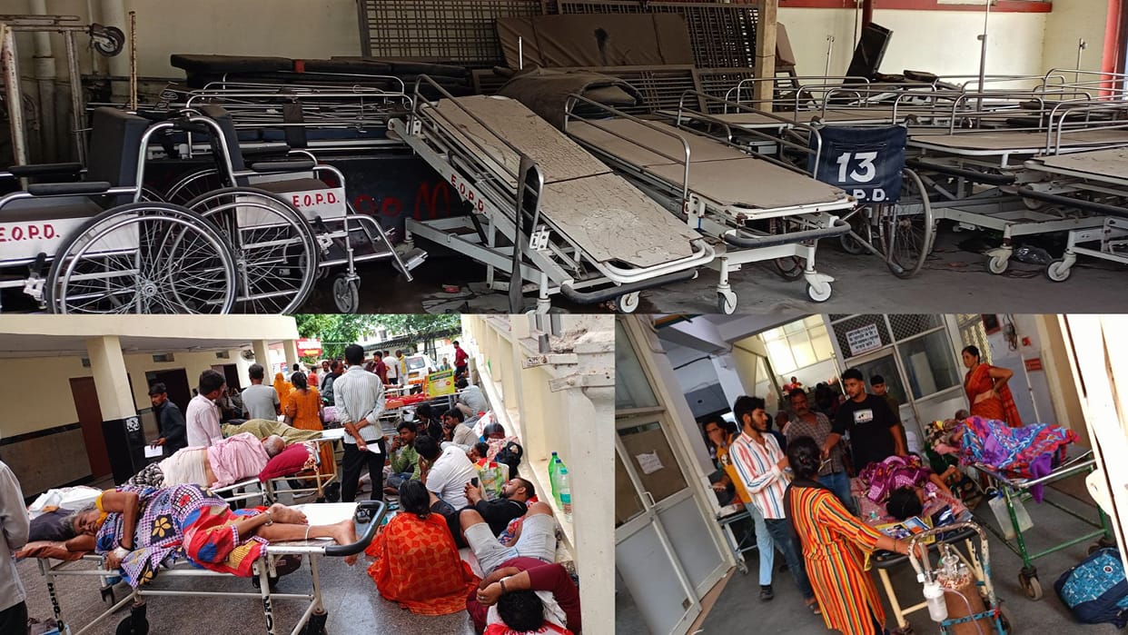 BHU Hospital emergency patients treatment done on stretcher due to Trolley bed in tin shed