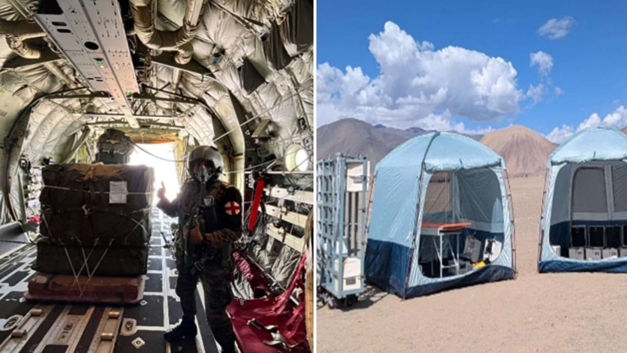 indian army air force successfully air drop  Aarogya Maitri Health Cube on high altitude area